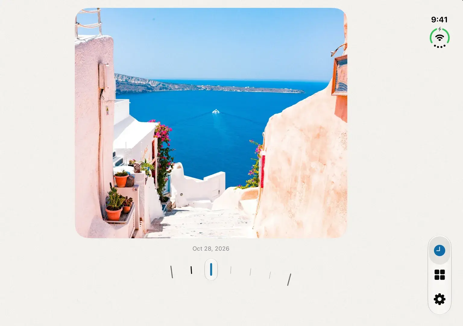 Antici Timeline on the open iPhone Duo inner display, with a travel photo above the date ruler.
