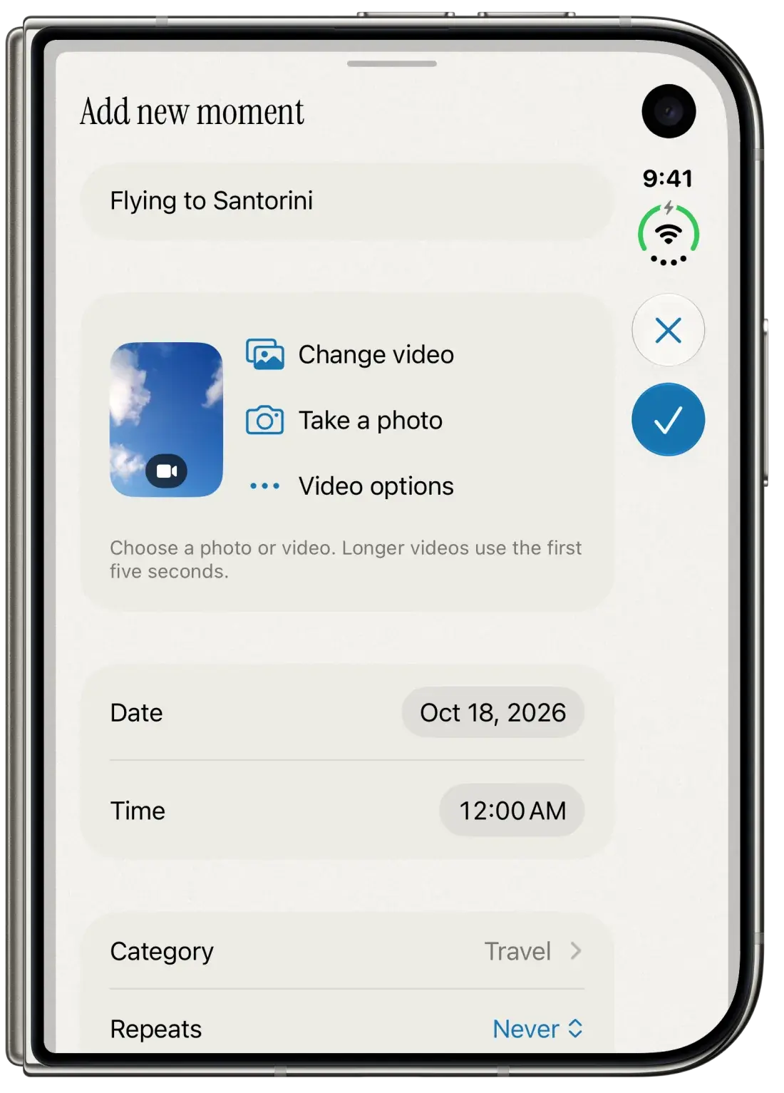 Antici Add new moment editor showing Date, Time, Category and the Repeats control set to Never.