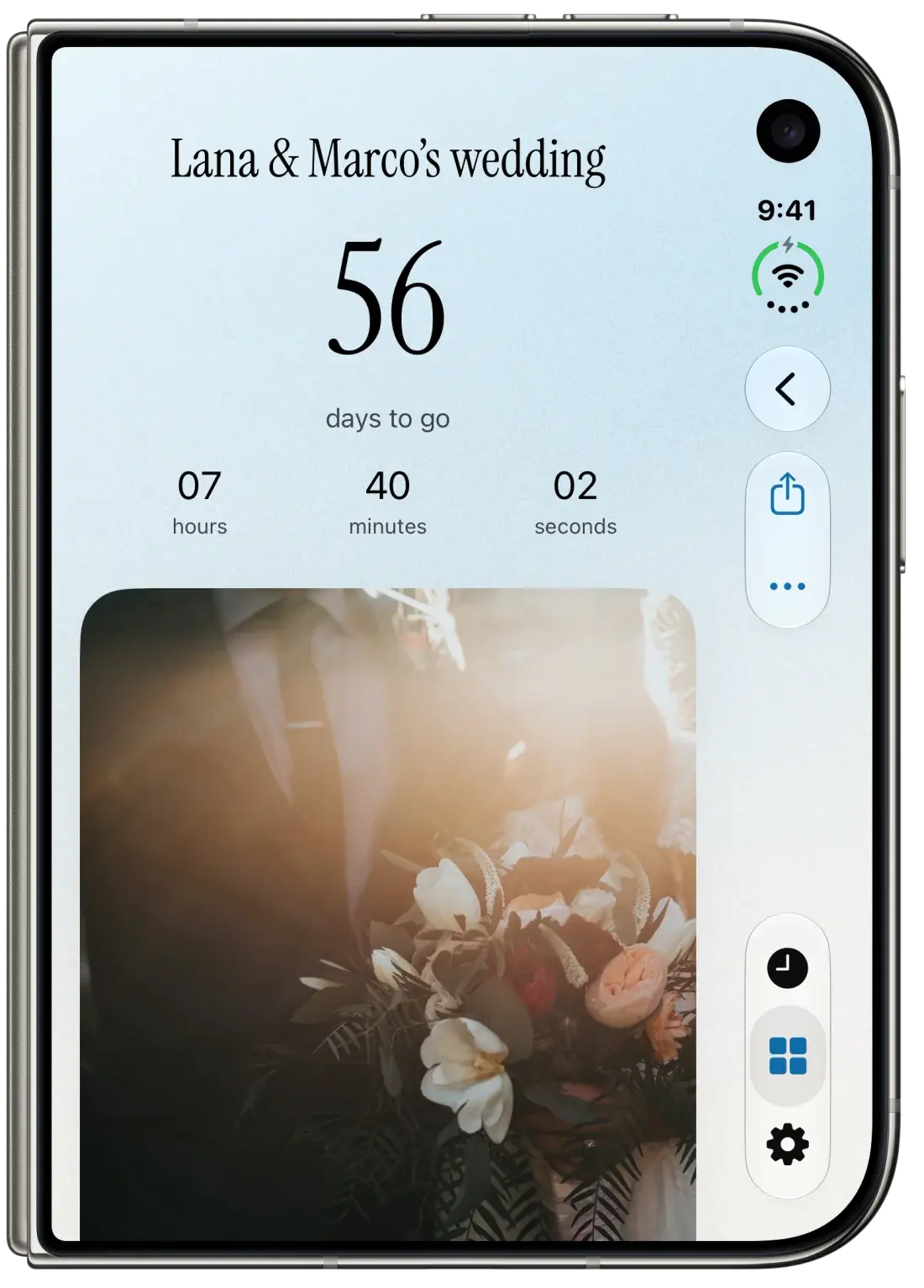 A wedding moment in Antici with its countdown, photo, Share button and More controls.