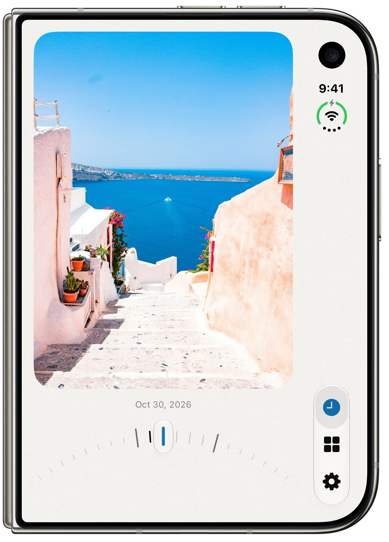 Antici Timeline on iPhone Duo's outer display, captured in Apple's simulator and shown in the official device frame. The Santorini date is a demo moment.