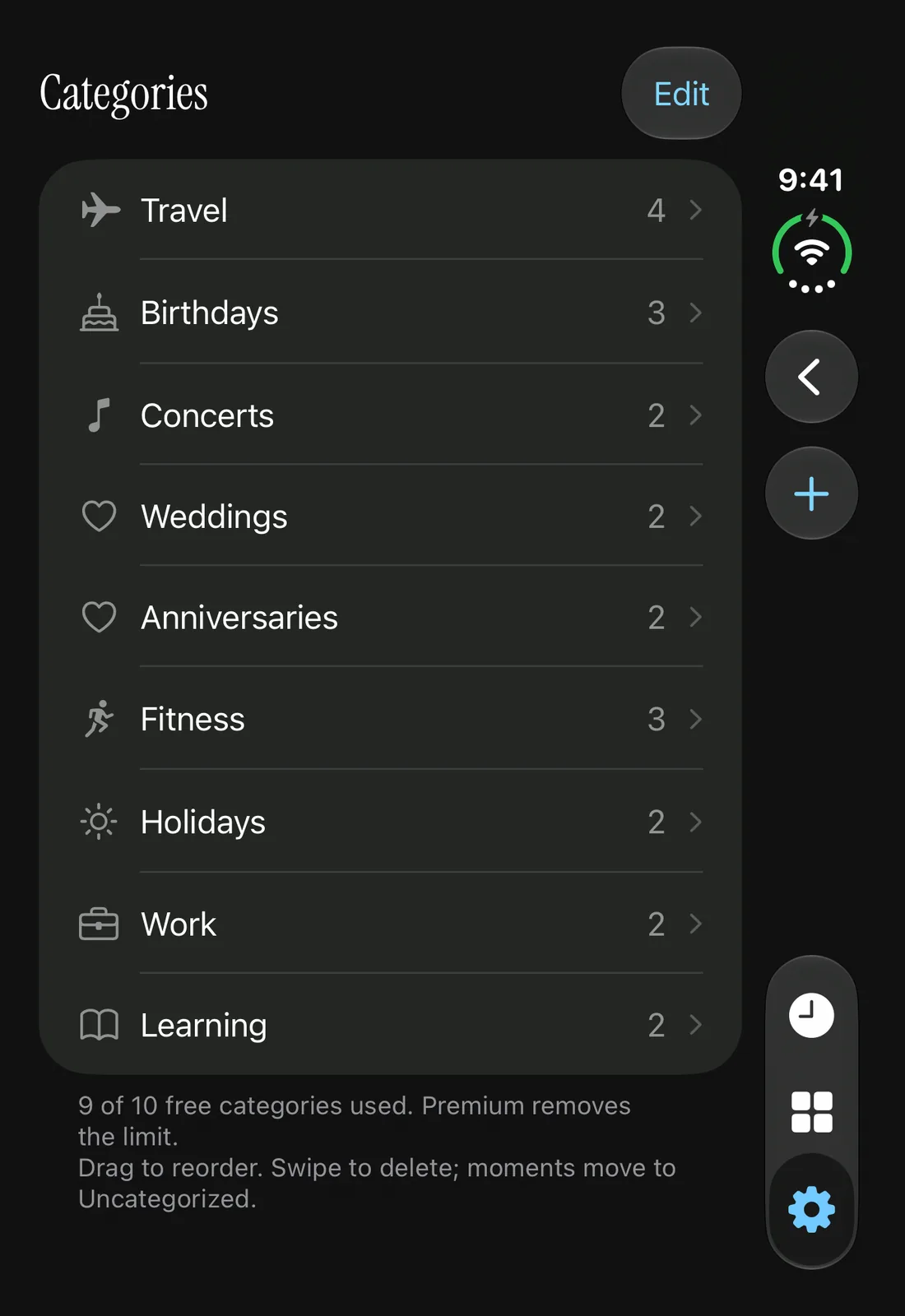 Categories in Antici Settings with named groups, moment counts, Edit and the new category button.