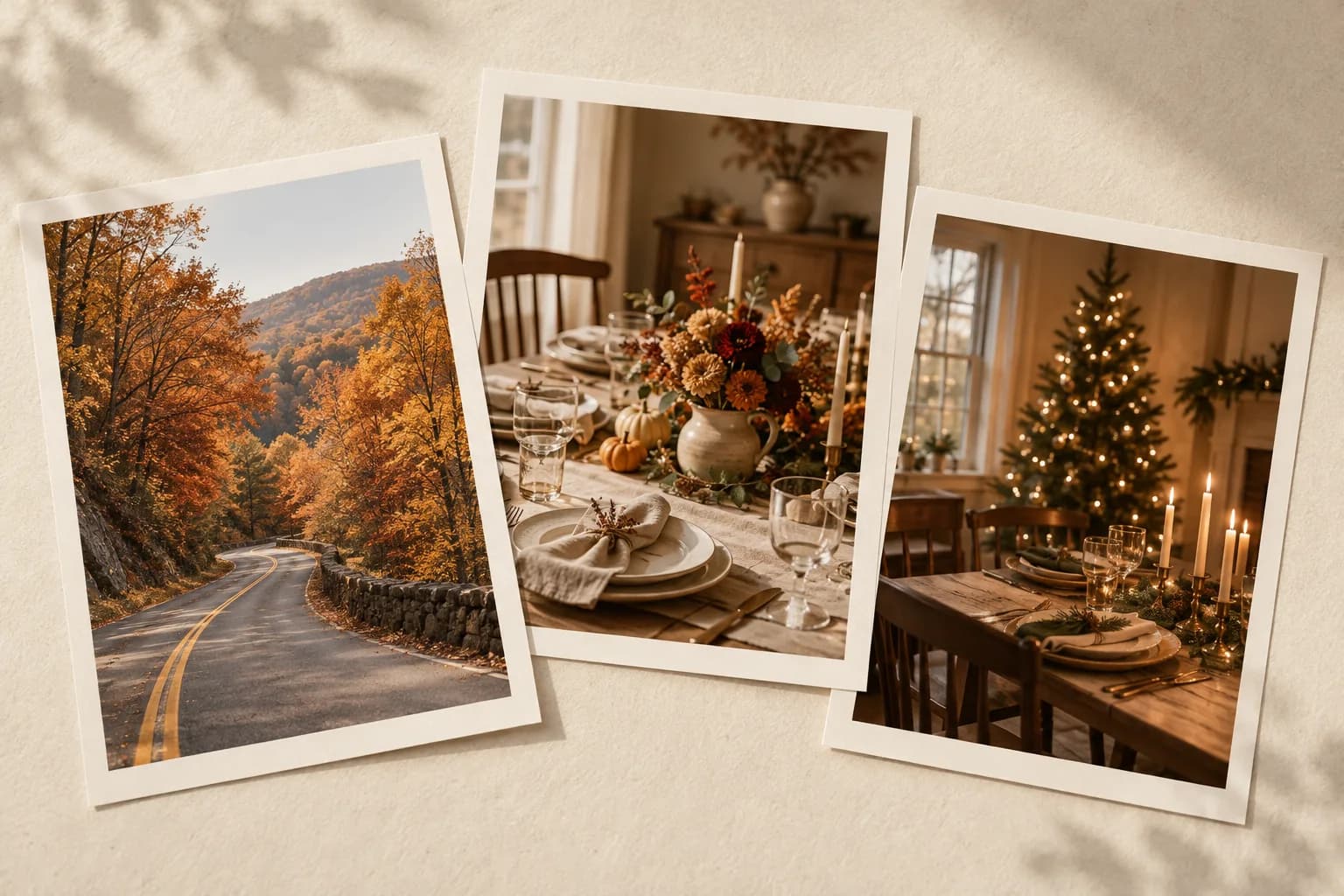 Three photo prints of an autumn road, a dinner table and a Christmas gathering on warm ivory paper.