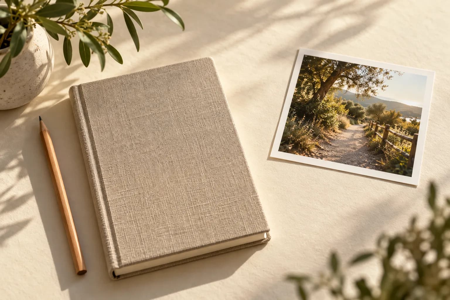 A closed linen notebook and pencil beside a photograph of a sunlit walking trail on warm ivory paper.