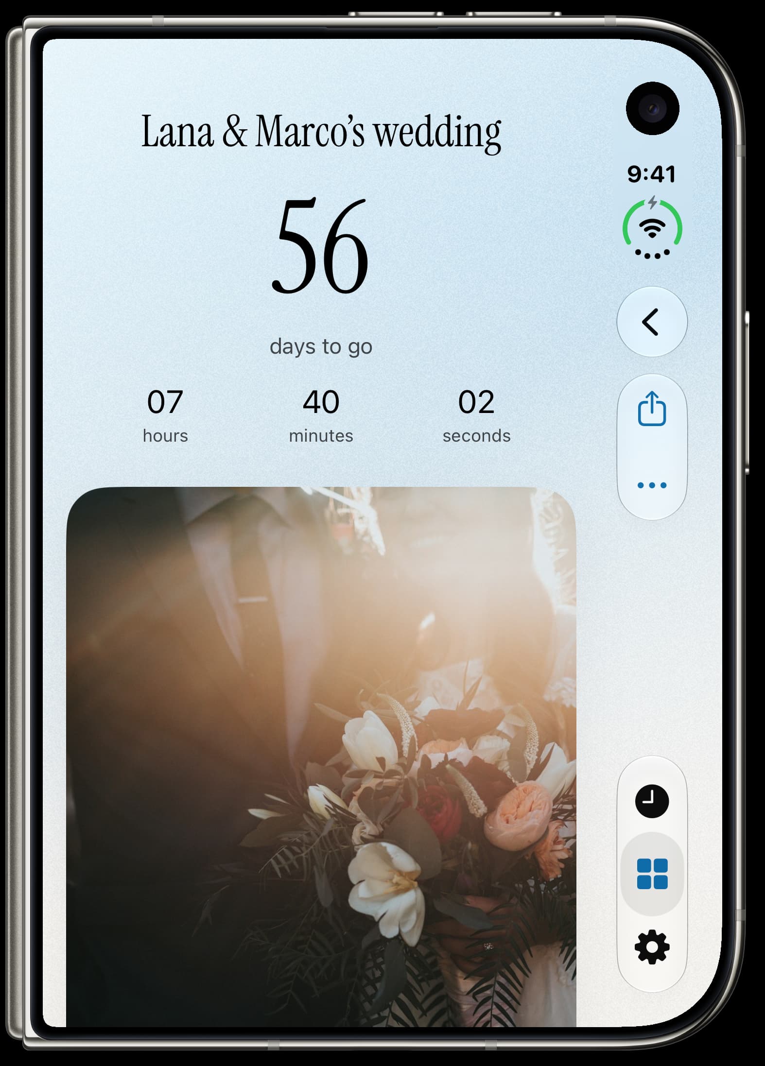 A wedding moment in Antici on iPhone Duo, with a live countdown and a large photo beneath it.