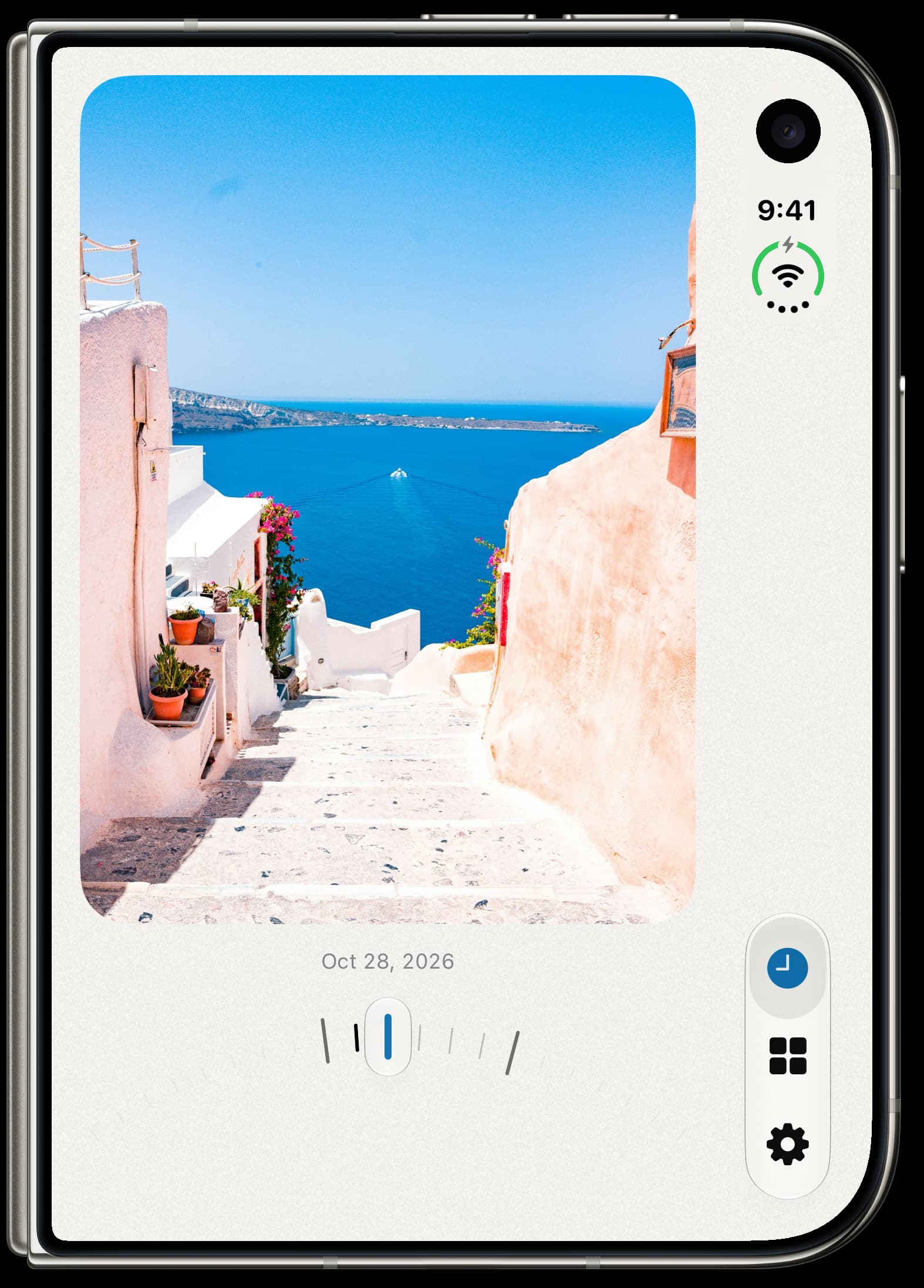 Antici Timeline on iPhone Duo, with a Santorini photo and a curved ruler for moving between moment dates.