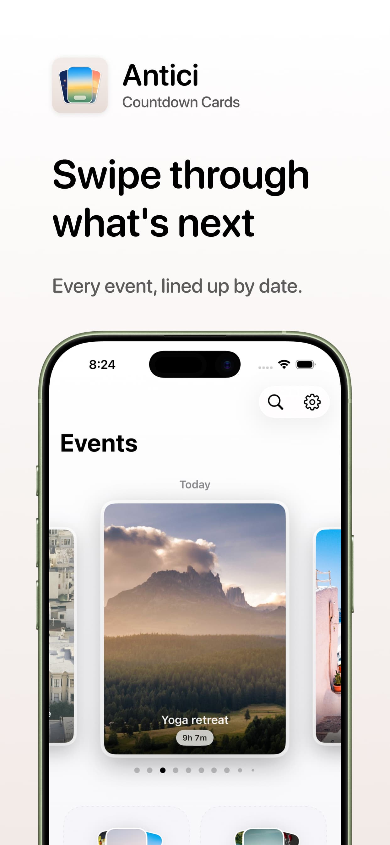 Antici iPhone countdown app showing upcoming events sorted by date