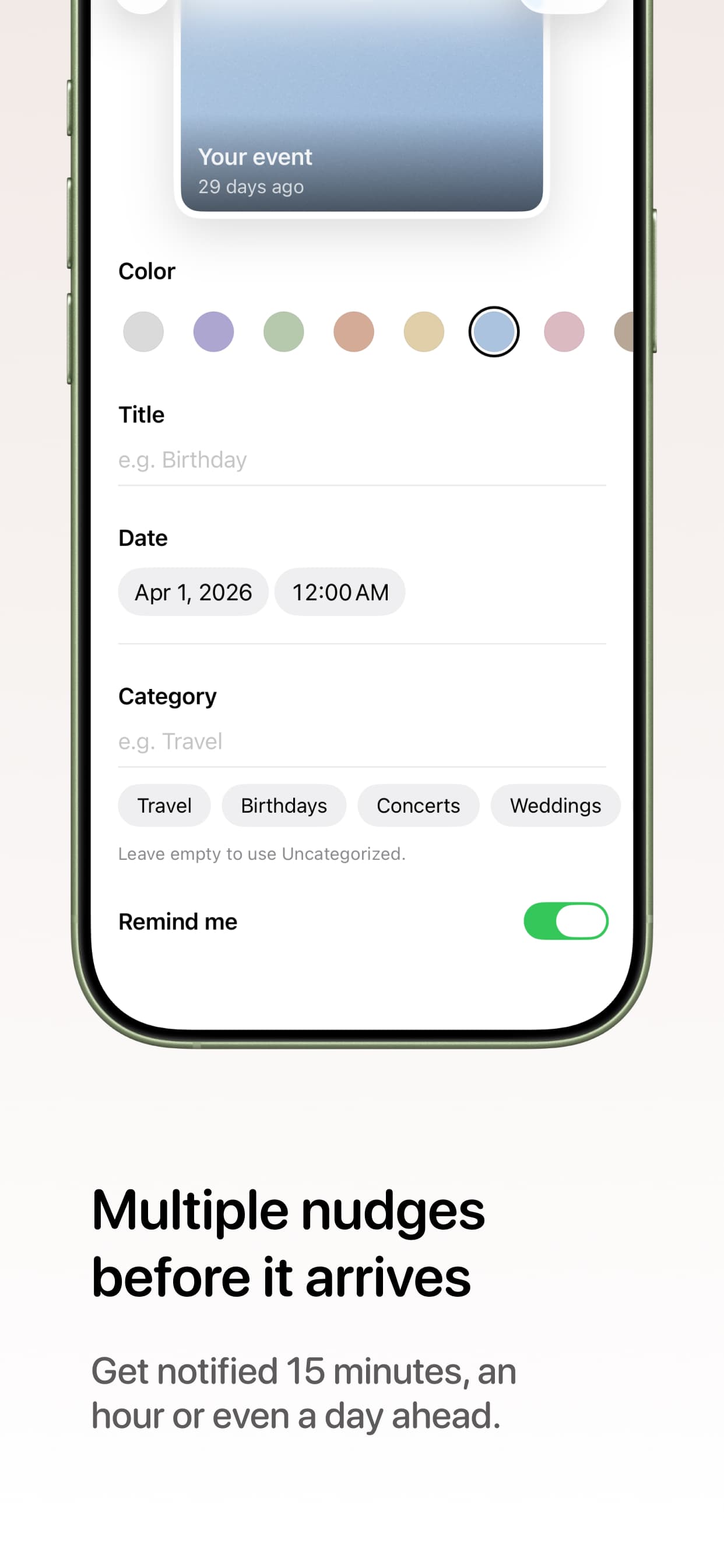 Antici reminder settings for countdown notifications before an event