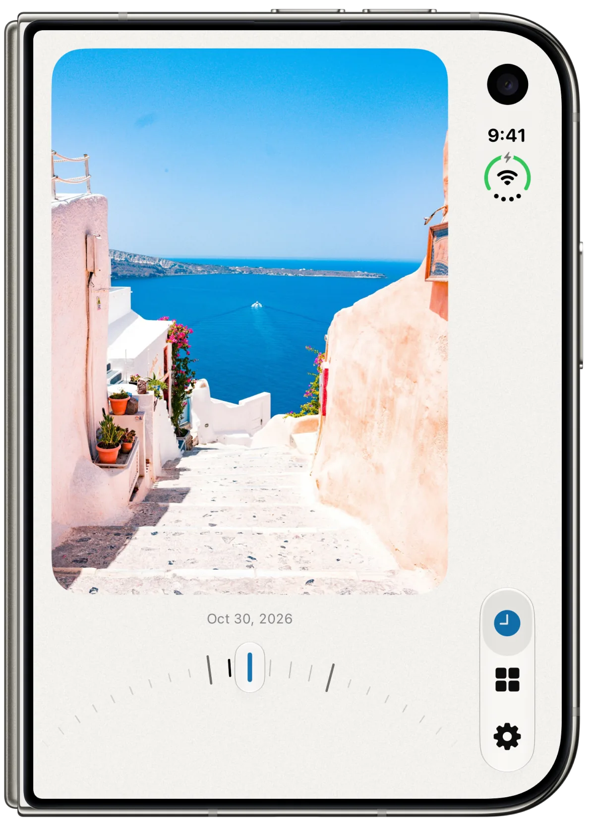 Antici Timeline showing a saved Santorini trip, its photo and a curved date ruler.