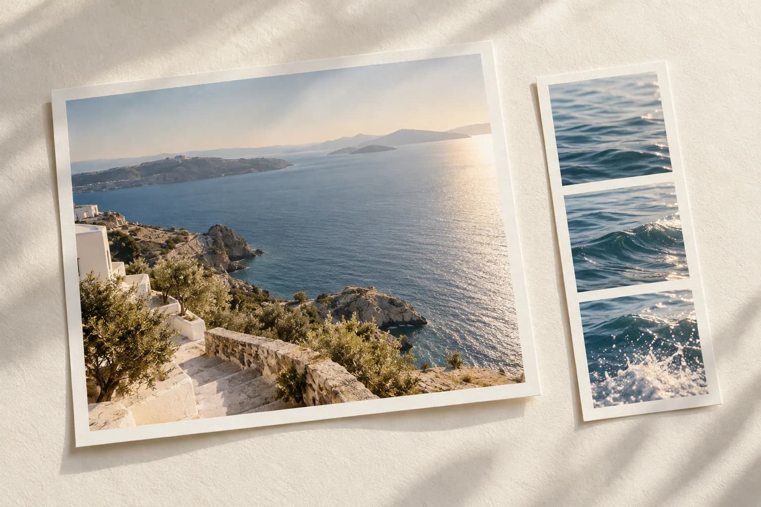 A coastal photo print beside three still photographs of moving sea water, on warm ivory paper.